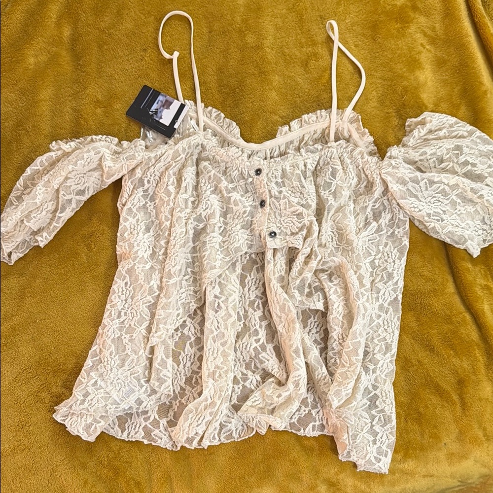 Free People Cream Ruffled Sleeveless Blouse